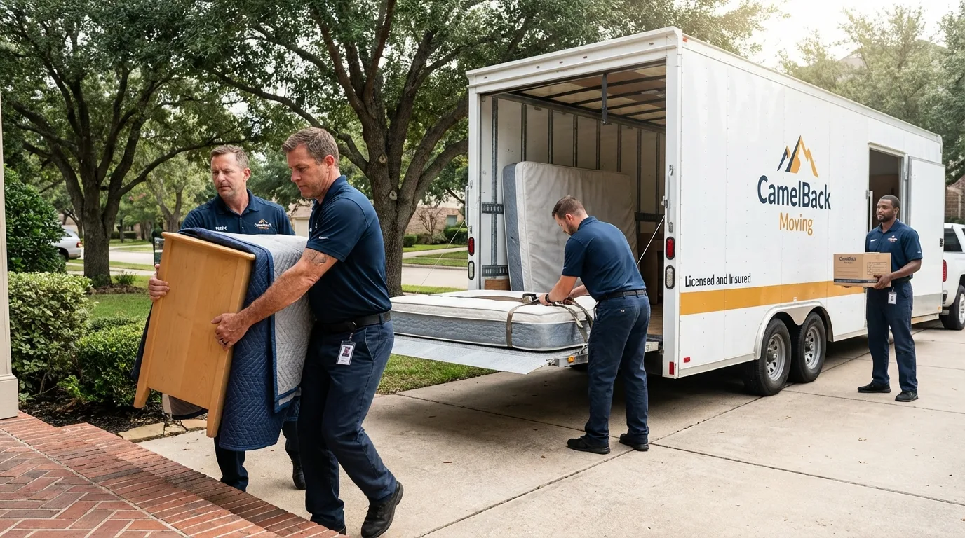 Crew loading residential truck for cross-state move from Clifton, TX