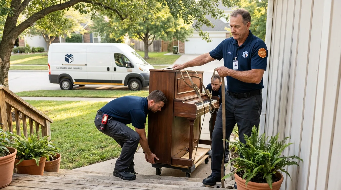 Licensed piano movers securing grand piano in Clifton, TX