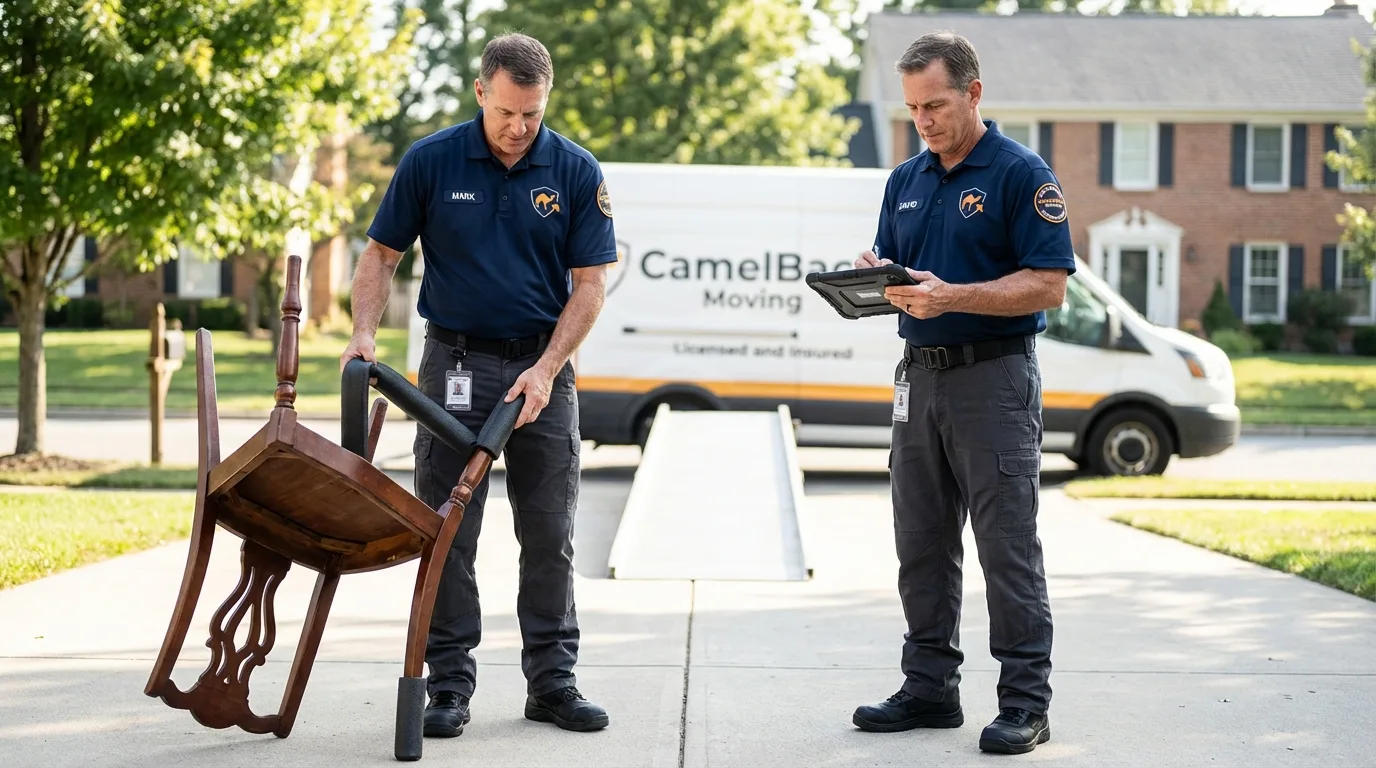 Movers inspecting furniture for damage prevention before loading in Clifton, TX