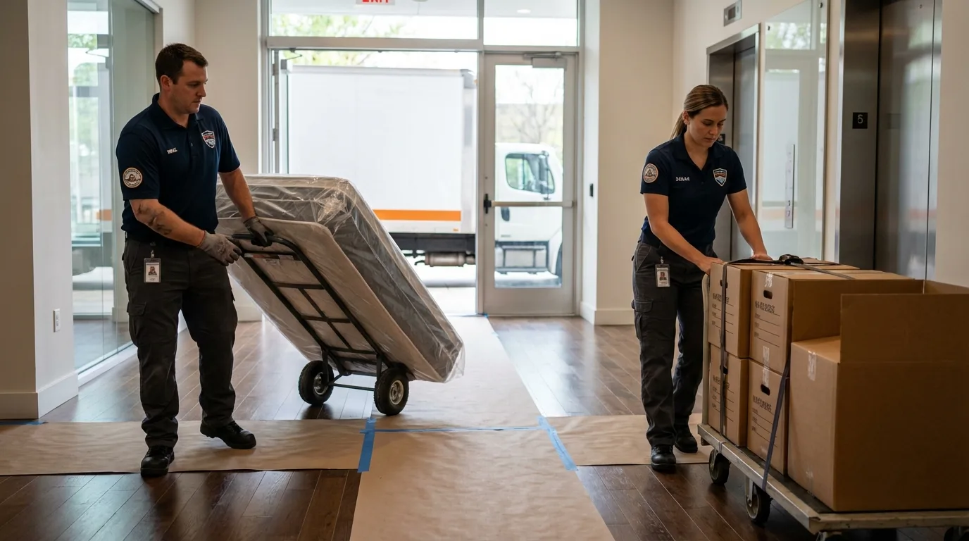 Professional apartment movers loading elevator in Clifton, TX