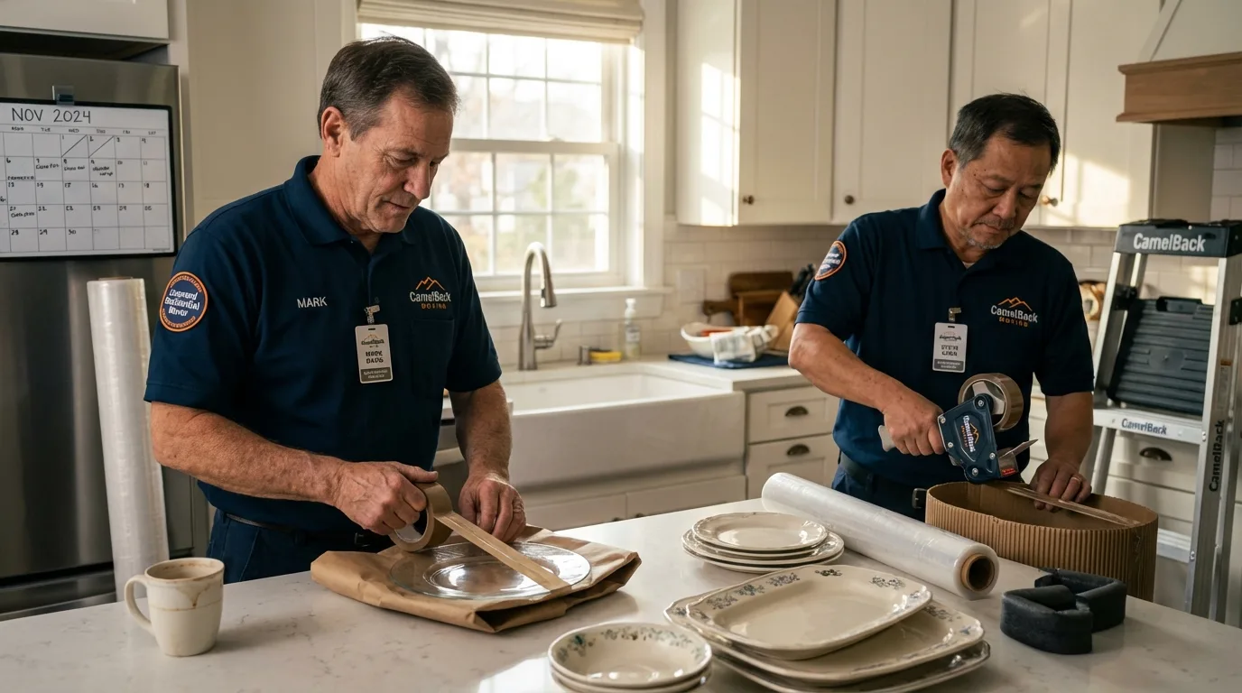 Professional crew packing kitchen dishware in Clifton, TX